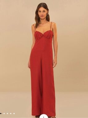 FARM Rio Red Scallop Bust Wide-Leg Jumpsuit